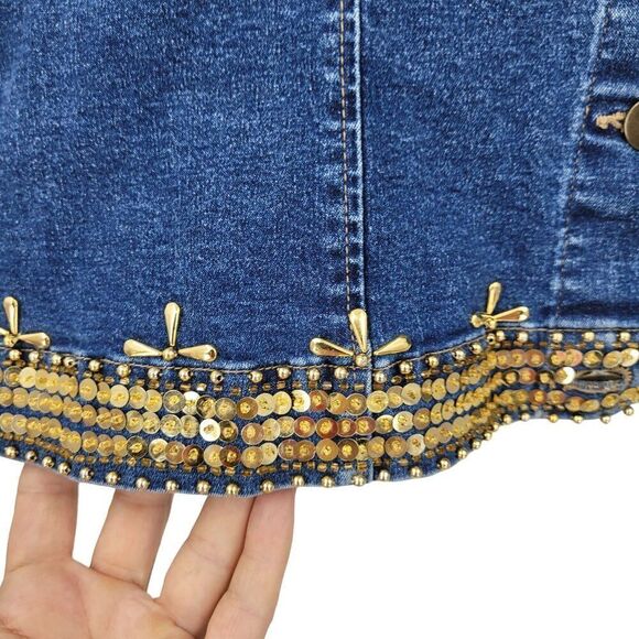 Vintage Mob Wife Denim Trucker Jacket M Leopard Gold Beaded Sequin Dollywood - Picture 7 of 10